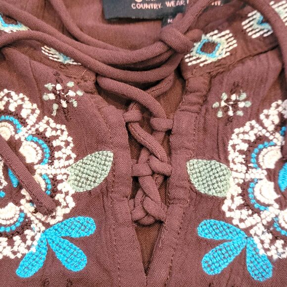 Shyanne Size L Western Top Brown Floral Embroidered Cowgirl Rodeo Boho Knotted - Picture 5 of 8